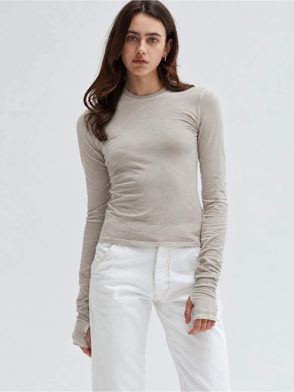 New ASHER Lena Long Sleeve Tee Stone Thumbhole Top Size S